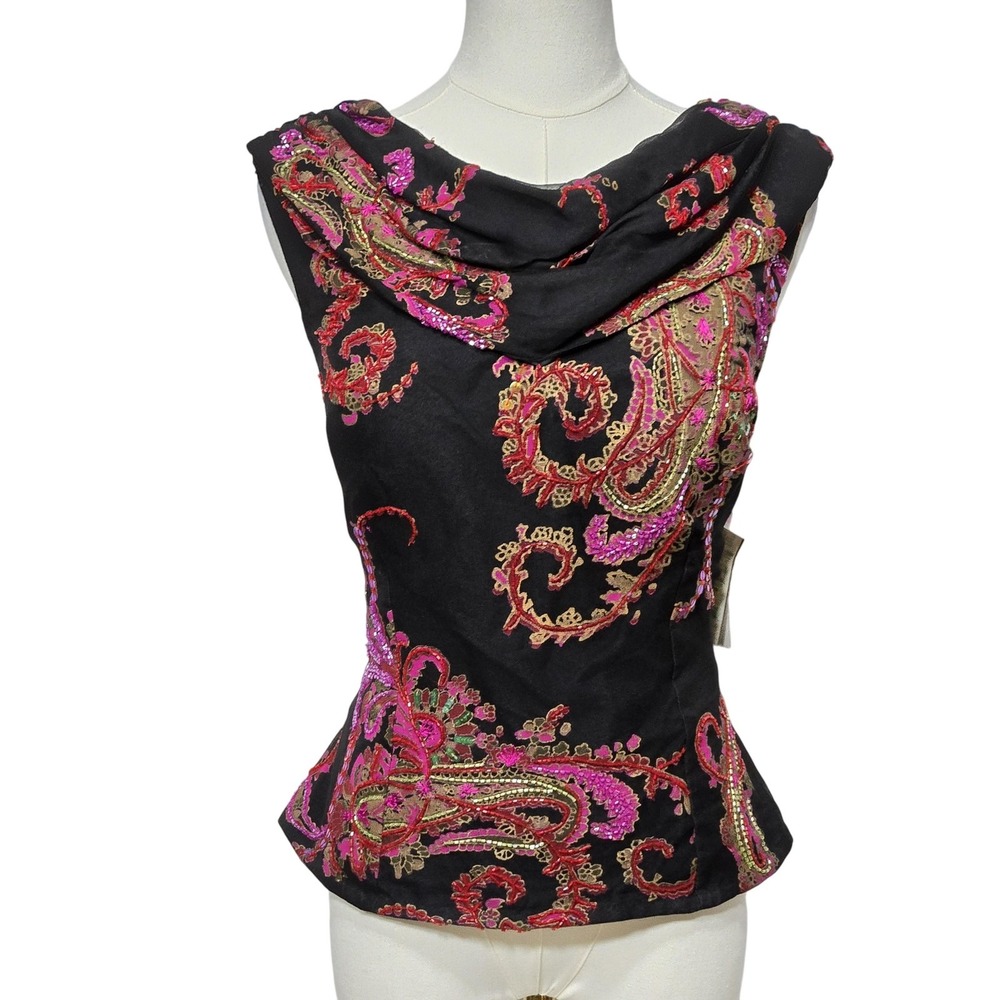 Embroidered Cowl Neck Tunic Top in Black with Pink & Gold Accents